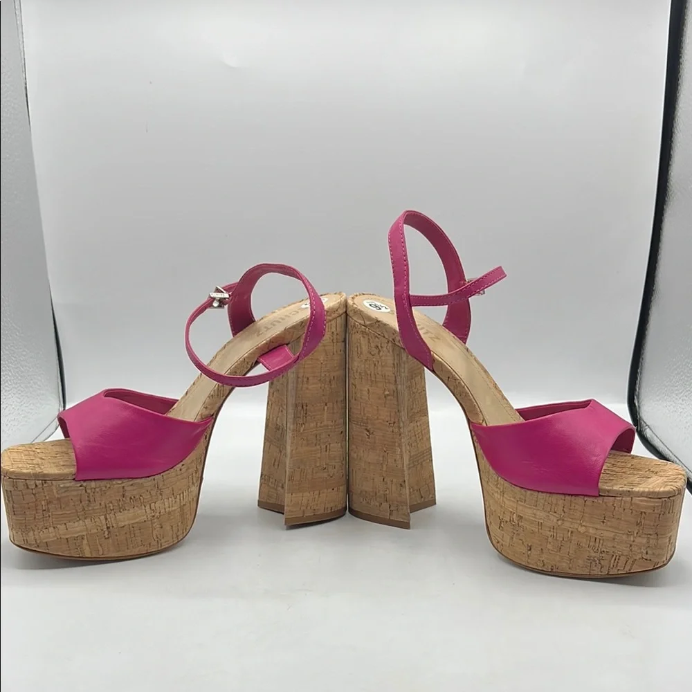 SCHUTZ Sz 9 1/2 GLAYCE NAPPA LEATHER‎ SANDAL Pink Tan Platform Chunky Heel NEW